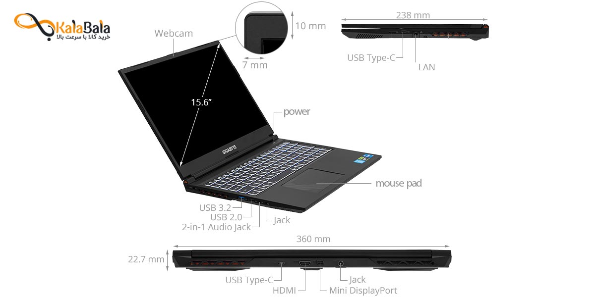 اتصالات لپ تاپ گیمینگ گیگابایت مدل GIGABYTE G5 MF-E2EE333SD